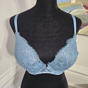 34DD Blue Gunmetal SHINE Lace VELVET Victoria Secret lightly lined Plunge UW Bra